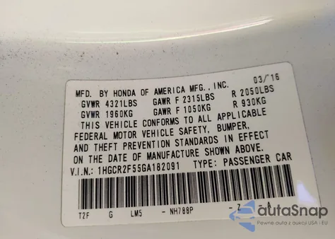 2016 Honda Accord Sport from USA, damaged, VIN 1HGCR2F55GA182091